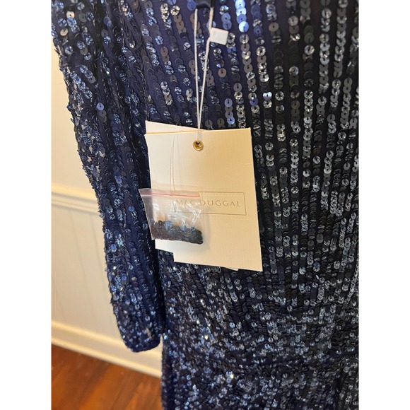 Mac Duggal 5578 size 20Navy Blue Sequin Wrap V Neck Puff Sleeve Midi Dress - Picture 9 of 14